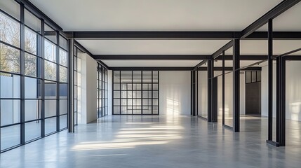 Modern warehouse interior with clean lines and open space, showcasing industrial simplicity and functional design