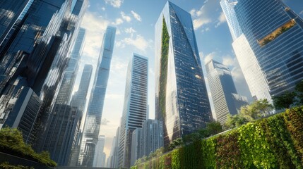 Fototapeta premium Modern skyscrapers with vertical green wall in city