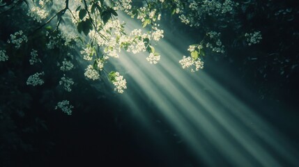 Ethereal Sunlight Through Blossoming Trees in a Serene Forest