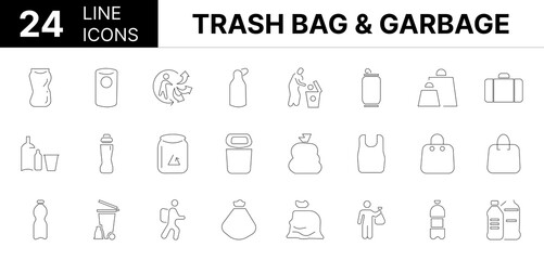 Collection of 24 Trash bag & garbage line icons featuring editable strokes. These outline icons depict various modes of Trash bag & garbage, Rubbish, disposal, pack, vector, kitchen, food, line, 