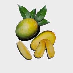 Mango and mango slices isolated on white background.