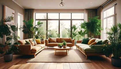 Fototapeta premium Interior of living room with green houseplants and sofas