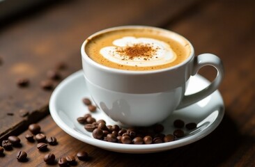 Fototapeta premium Warm coffee cup with latte art and coffee beans on a rustic wooden table