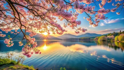 Serene Sunset Panorama Blossom-Draped Branches Frame a Picturesque Lake and Mountain Range at Golden Hour