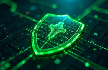 Digital shield representing cybersecurity with glowing lines and matrix-like patterns in a dark background