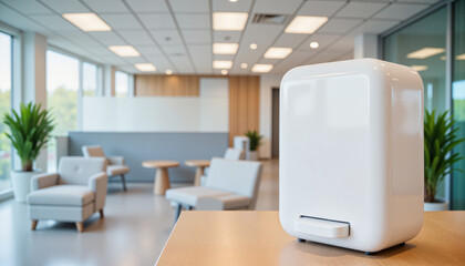 Compact foot-pedal sanitizer dispenser in bright, sterile hospital lobby emphasizing hygiene