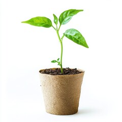 Pepper seedling in a biodegradable peat pot, fully isolated on a white background, crisp edges and natural color accuracy, professional product photography with a clean and modern look, no shadows
