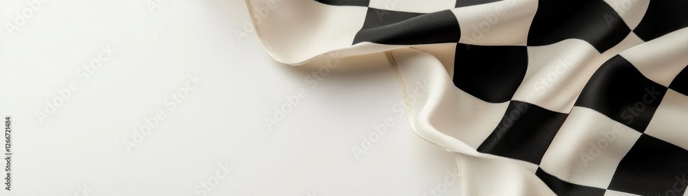 Poster close-up of textured black and white checkered fabric with soft draping on neutral background