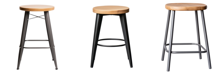 Set of contemporary and minimalist wooden and metal bar stools designed for use in home office cafe restaurant or other hospitality settings