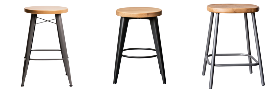 Set of contemporary and minimalist wooden and metal bar stools designed for use in home office cafe restaurant or other hospitality settings
