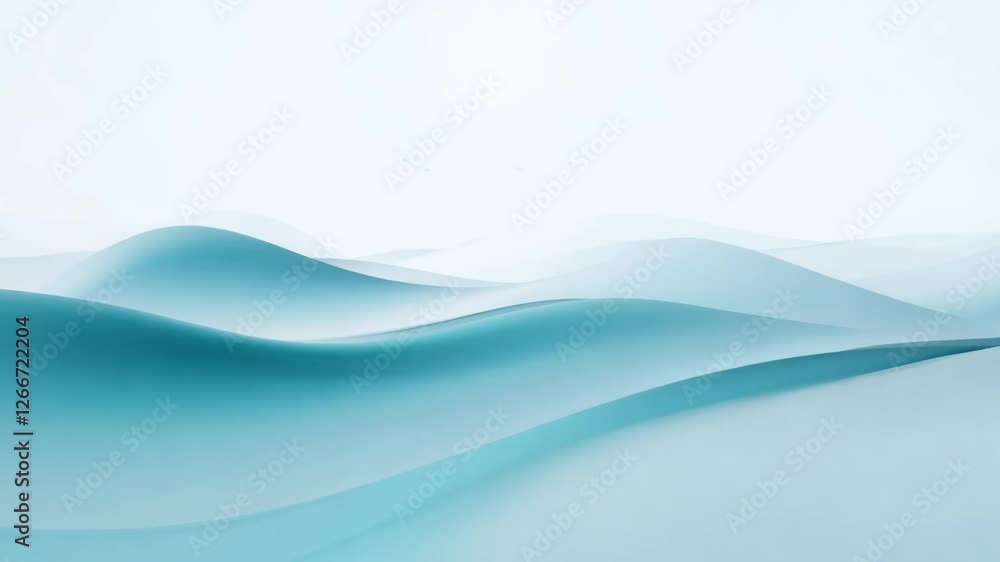 Poster simulated drone flyover video of dynamic abstract waves blend in pale blue and grey tones in a dream