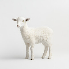 Fototapeta premium A white lamb standing looking directly at the camera,isolated on white background.
