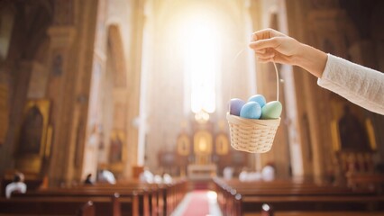 Hands holding up an Easter basket in a reverent gesture. For Easter-themed greeting cards, church bulletins, and faith-based marketing.
