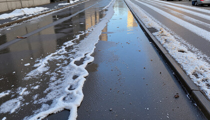 Obraz premium Minimalistic view of city sidewalk with melting snow and slush, reflecting buildings