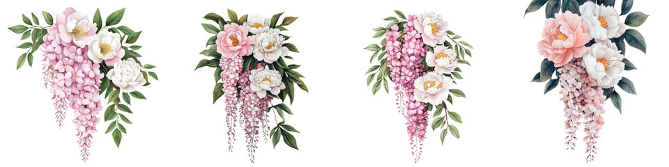 Obraz premium Exquisite floral arrangement featuring a captivating mix of delicate blooms in soft romantic pastel shades The bouquet showcases a harmonious blend of hydrangeas peonies roses and lush greenery