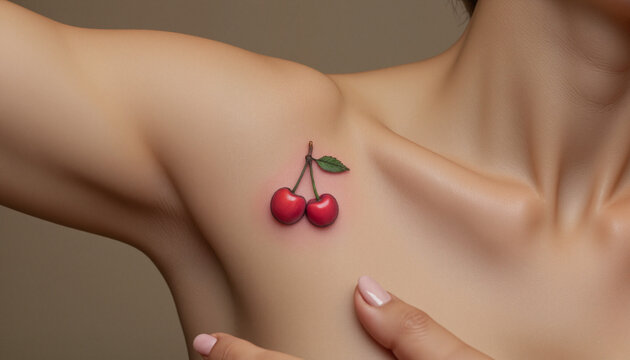 Intricate cherry tattoo on collarbone with delicate shading and soft focus aesthetic