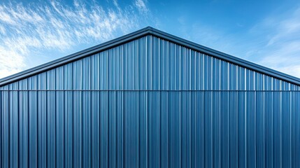 Fototapeta premium Blue metal building exterior, peaked roof, cloudy sky background, industrial design