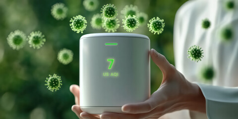 Home disinfection system displaying air quality index and virus elimination