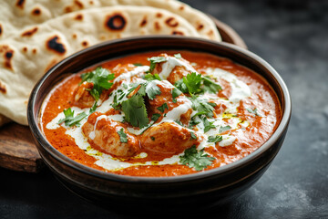  A bowl of rich, creamy butter chicken with a velvety tomato-based sauce, garnished with fresh cilantro and a drizzle of cream Indian food. 