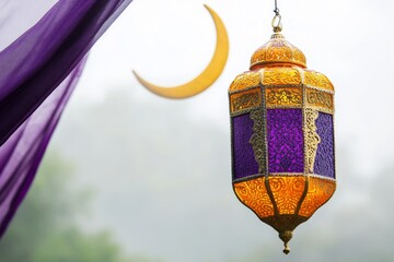 Obraz premium Ramadan lantern hangs, misty mountains, crescent moon, purple fabric
