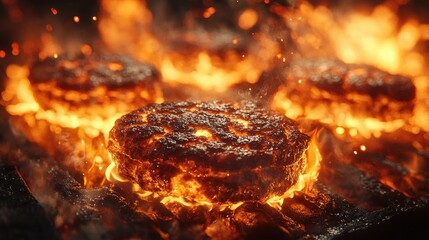 Sizzling beef burger patties grilling on barbecue with flames and golden lighting