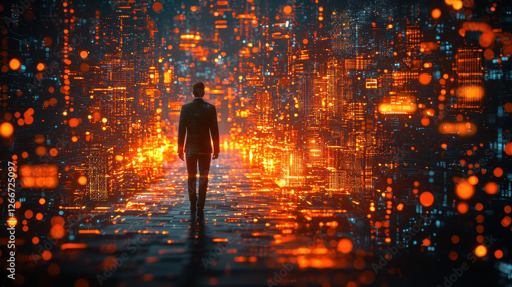 Poster exploring a luminous data bridge connecting digital realms in a futuristic sci-fi cityscape