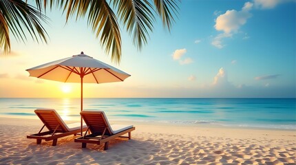 Obraz premium Tropical Beach Paradise: Sun, Sand, Ocean, Palm Trees, Lounge Chairs & Umbrella - Relaxing Vacation Getaway Image