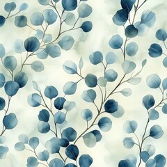 Watercolor Eucalyptus Leaves Pattern with Soft Blues and Greens
