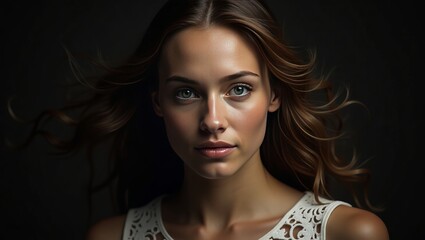 Fototapeta premium Woman with flowing hair, intense gaze.