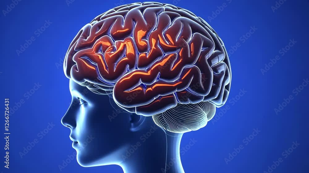 Poster digital illustration of human brain profile view highlighting neural pathways, structure, and anatom