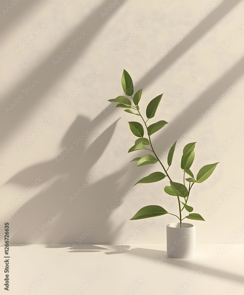 Poster a minimalist plant in a white pot casts shadows on a textured wall, creating a serene and calming at