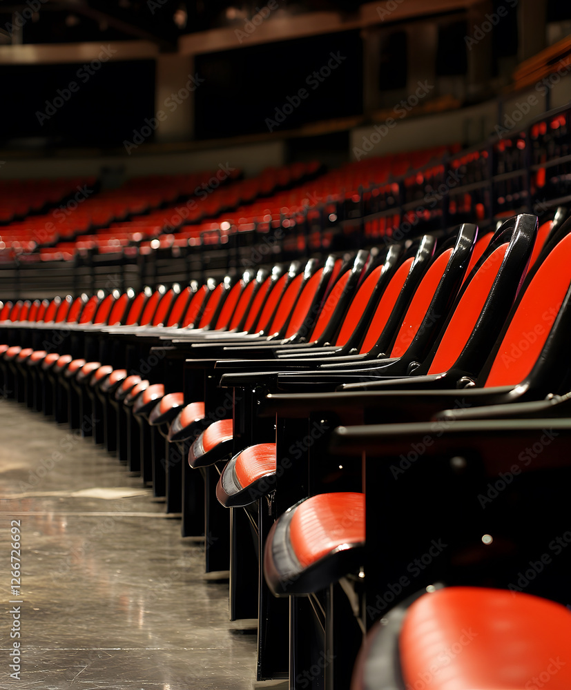 Poster A row of empty red and black seats in a spacious arena, creating a sense of anticipation for an upcoming event