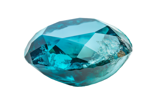 Close up of sparkling turquoise gem with facets isolated on white background..