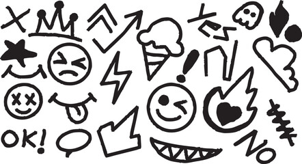 Hand drawn set, Emoji, Ice cream, Graffiti, Ghost, Cloud, Arrow, Lighting, Elements, Grunge