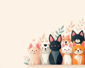 Fototapeta premium Cute Cartoon Cats and Kittens with Floral Elements Background