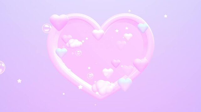 3D Cartoon heart-shaped window with flying hearts and clouds animation.