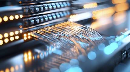 High tech server room with glowing fiber optic cables and lights