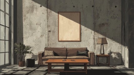 Sunlit Loft Apartment Interior Design: Minimalist Living Room with Concrete Wall and Brown Sofa