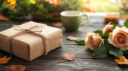 Autumn gift, tied present, wooden table, flowers, plants, sunny window