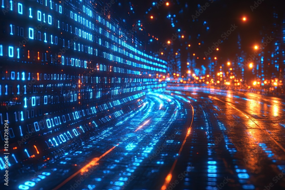 Poster abstract digital road scene at night, with glowing binary code patterns projected onto a wet asphalt