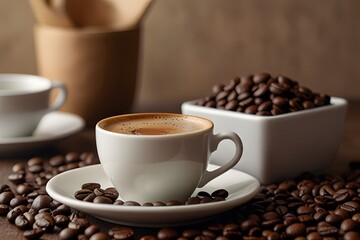 Obraz premium A cup of milk coffee or latte with a bowl of roasted coffee beans at the background and on the table.