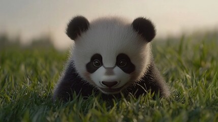 Fototapeta premium Cute panda cub in grassy field, sunrise, nature backdrop, wildlife poster