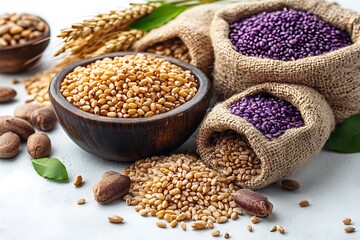Fototapeta premium Diverse Grains in Burlap Bags and Bowls