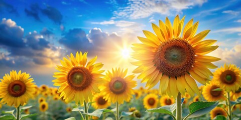 Golden Sunflowers Bask in Sunset's Embrace, a Field of Vibrant Yellow Petals Against a Dramatic Sky