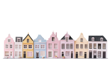 Isolated Row of Colorful Miniature European Townhouses with Detailed Architecture