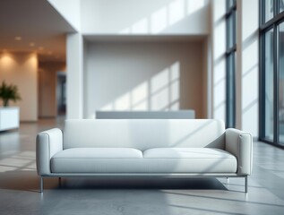 minimalist sofa in light gray fabric, smooth, clean design, rounded edges, subtle seam, curved,armrests, soft lighting, bokeh background, sharp subject focus, wide,angle view