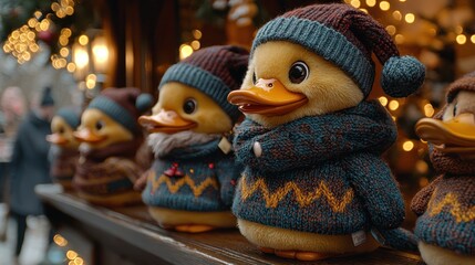 Obraz premium Adorable Christmas Ducklings in Cozy Knitwear at a Festive Market