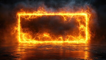 Abstract fiery rectangle frame on a dark background, vibrant orange flames, glowing rectangle,  fire frame, rectangle shape,  smoky dark background,  reflective floor,  sparkles,  orange light, 