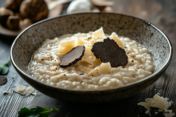 A  luxurious truffle risotto served in a shallow ceramic bowl, garnished with thin truffle slices and shavings of Parmesan cheese. Italian food. 