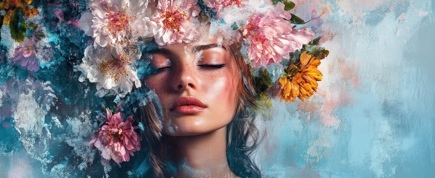 Abstract contemporary art wide panoramic collage portrait of young woman with flowers